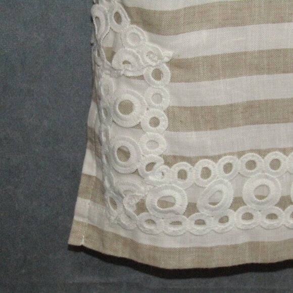 Eliza J Linen Cotton Mini Dress Size 12 Beige White Stripe Eyelet Coastal Resort - Picture 6 of 14